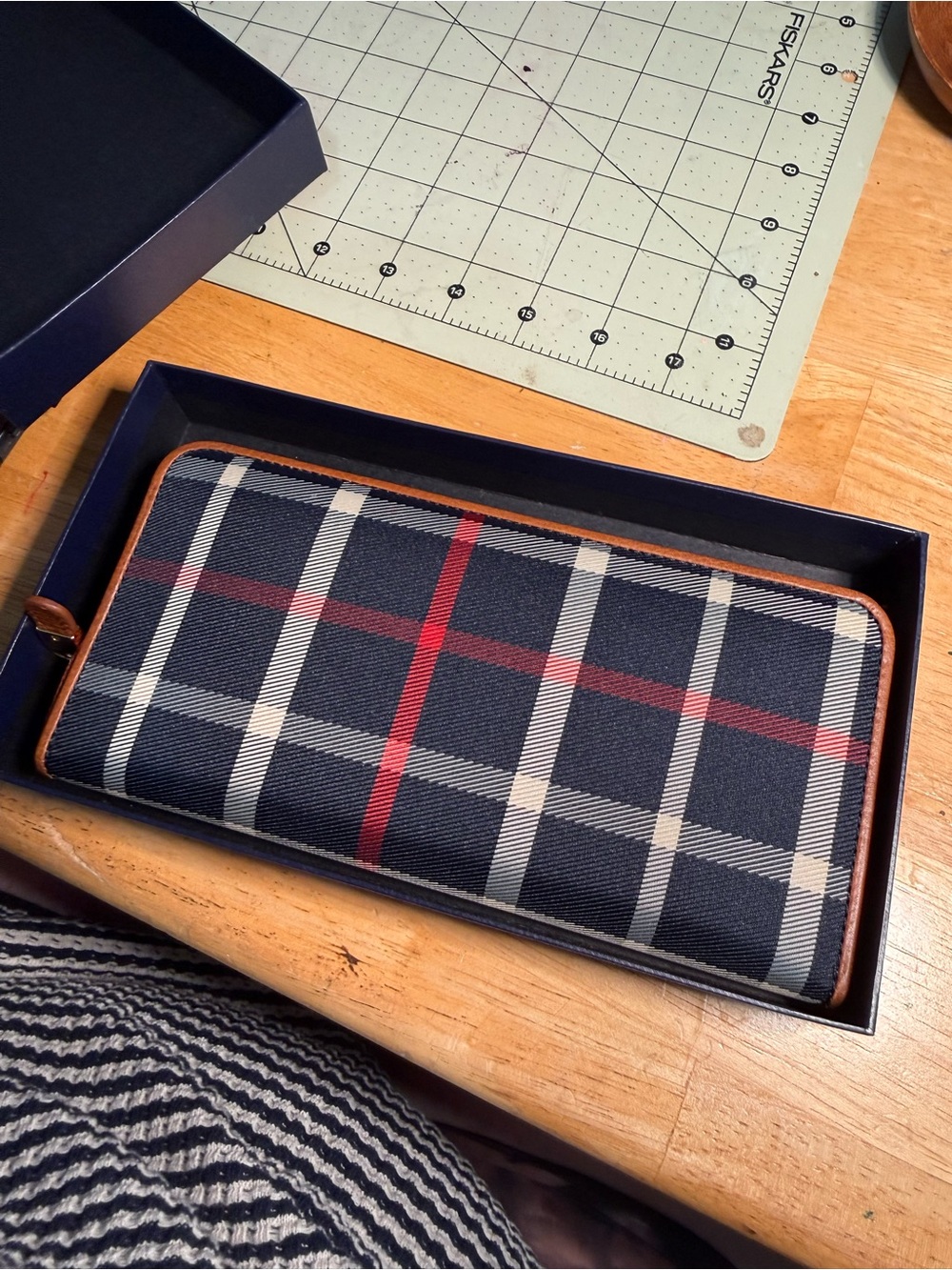 Brooks Brothers Navy Plaid Zip-Around Wallet with Brown Trim